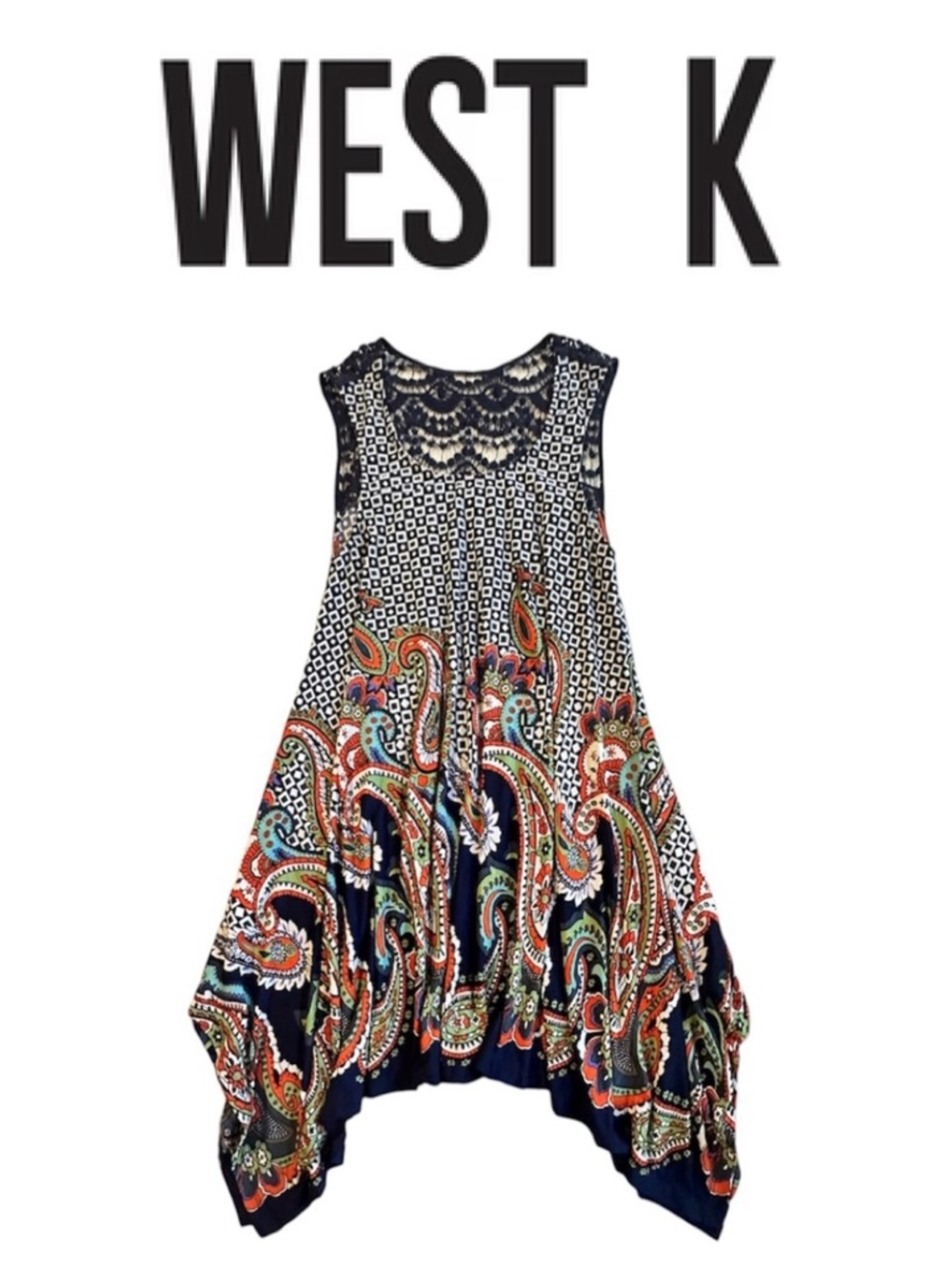 WEST K Sleeveless Asymmetrical Lace Dress Tunic Top Navy Boho Paisley Women’s S